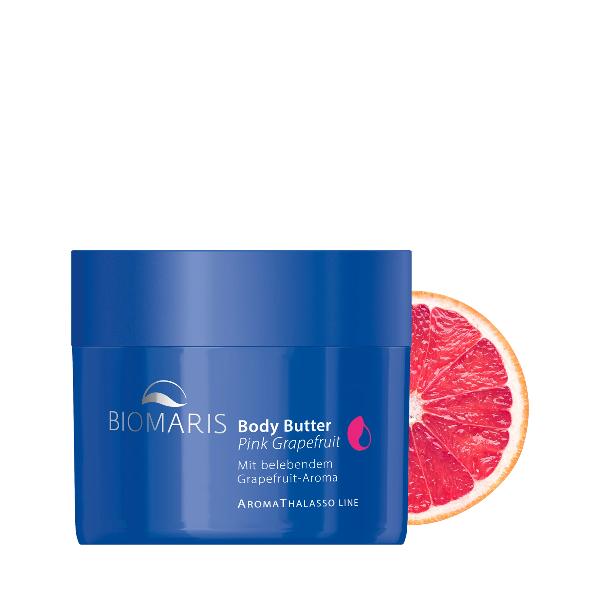 Body Butter Pink Grapefruit in blauem Tiegel mit Schraubverschluss, vor halbierter Grapefruit