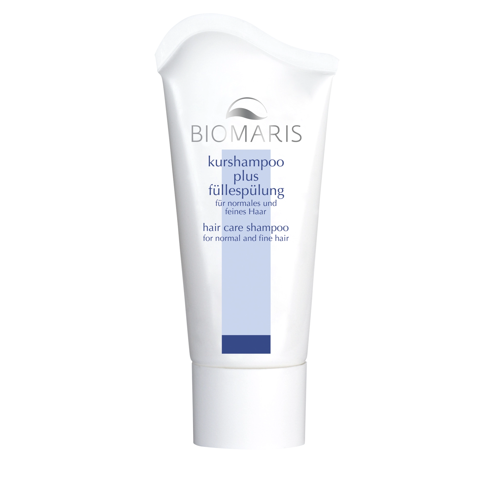 Kurshampoo plus Füllespülung pocket in weißer Tube mit senkrechtem hellblauen Streifen mit Schraubdeckel