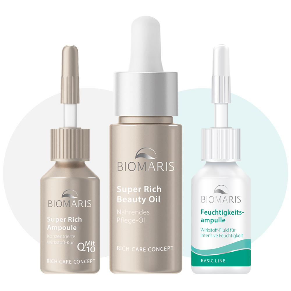Super Rich Ampoule mit Q10, Super Rich Beauty Oil und Feuchtigkeitsampulle – Produkte für die Hautverjüngungskur.