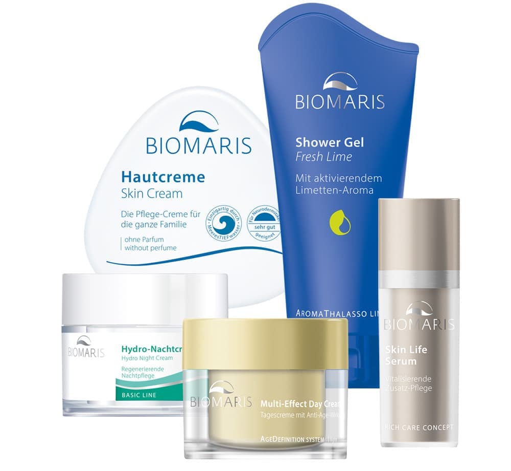 Verschiedene BIOMARIS-Produkte, darunter Hautcreme, Duschgel, Nachtcreme, Tagescreme und Serum.