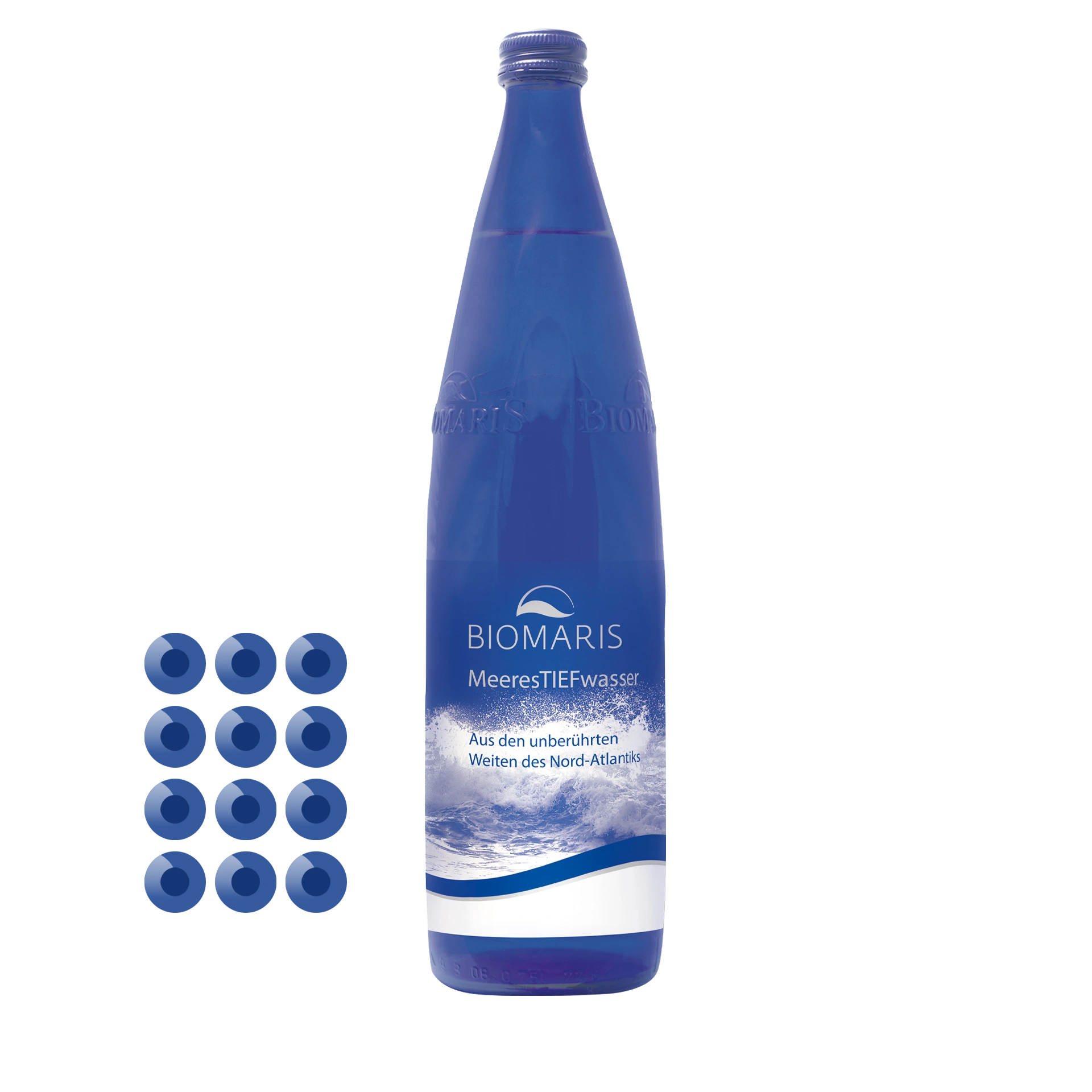 MeeresTIEFwasser 12er, blaue Glasflasche mit Etikett,  Darstellung von 12 Flaschen im Karton