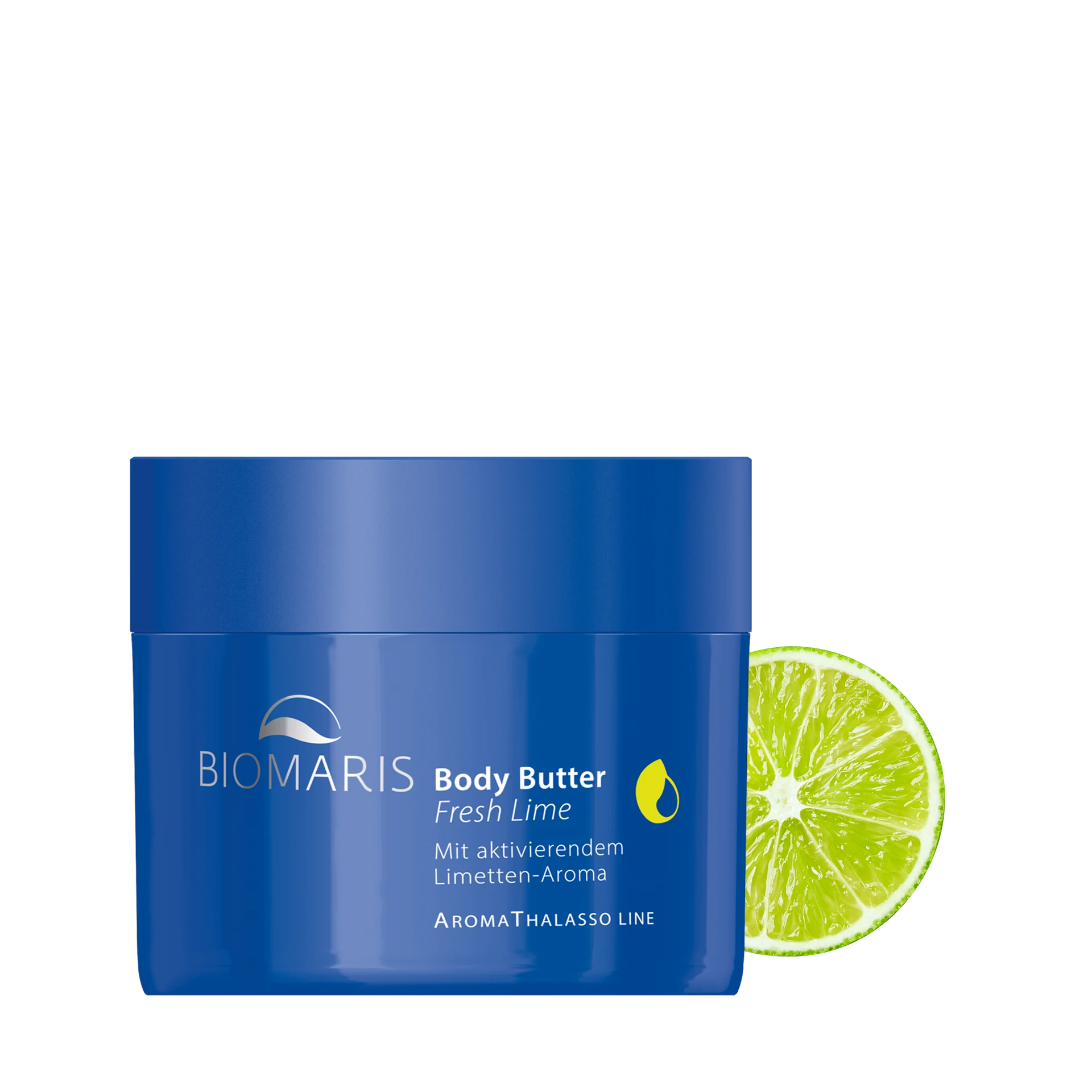 Body Butter Fresh Lime in blauem Tiegel mit Schraubverschluss, vor halbierter Limette
