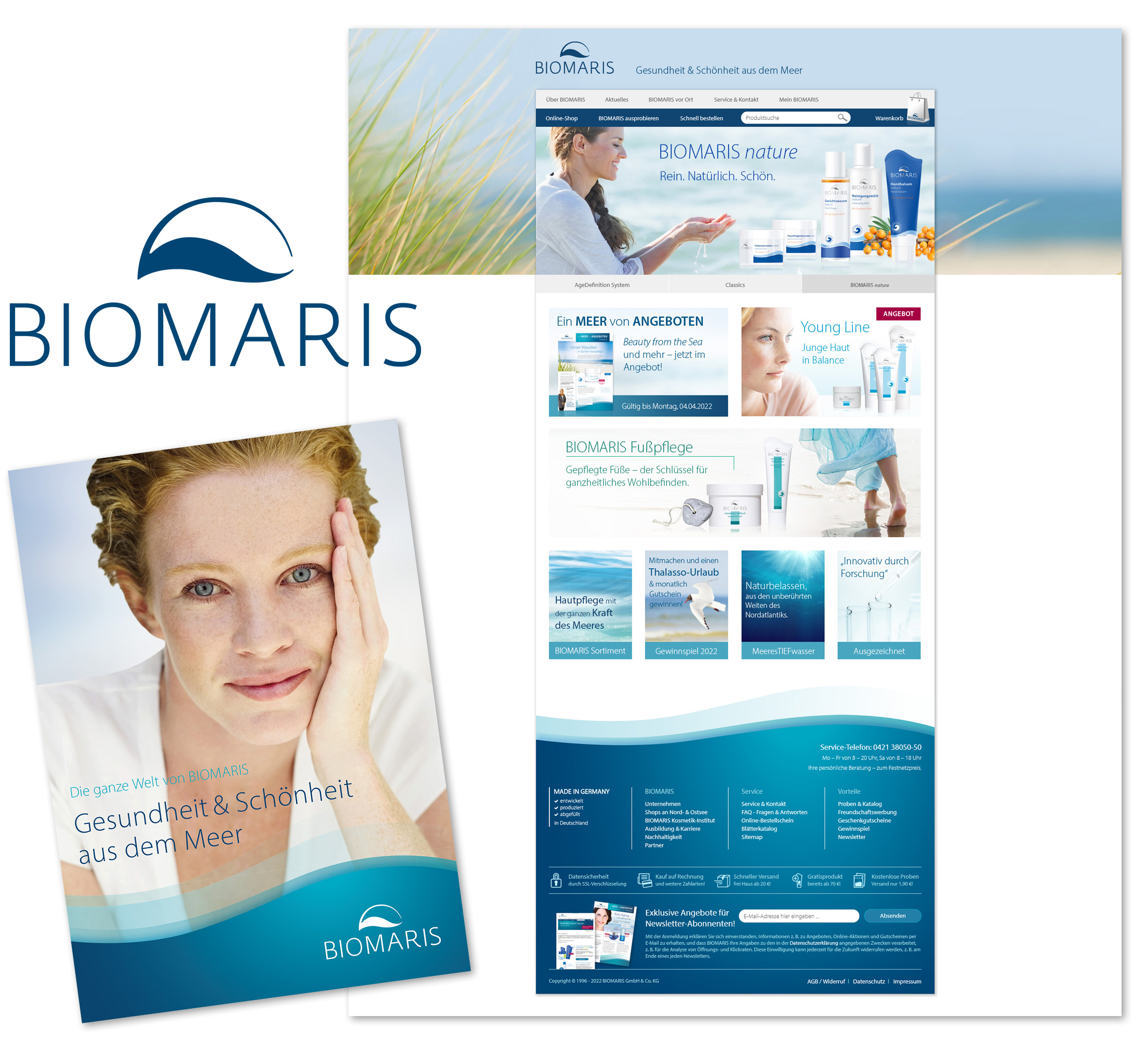 Screenshot der BIOMARIS-Website im neuen Erscheinungsbild von 2016 mit modernem Design, Pflegeprodukten und Infobereichen.