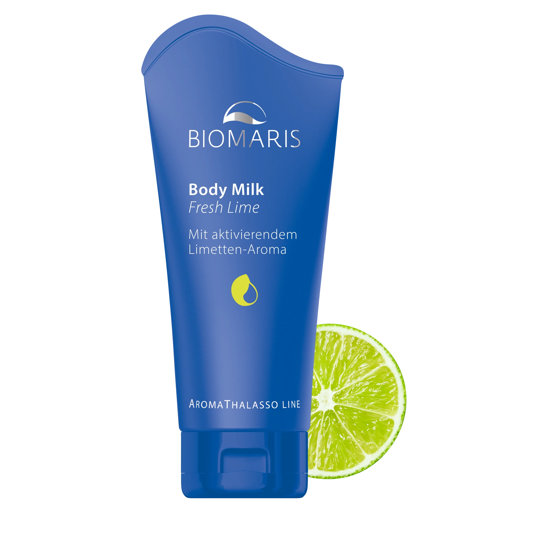 Body Milk Fresh Lime in blauer Tube mit Klappdeckel, vor halbierter Limette