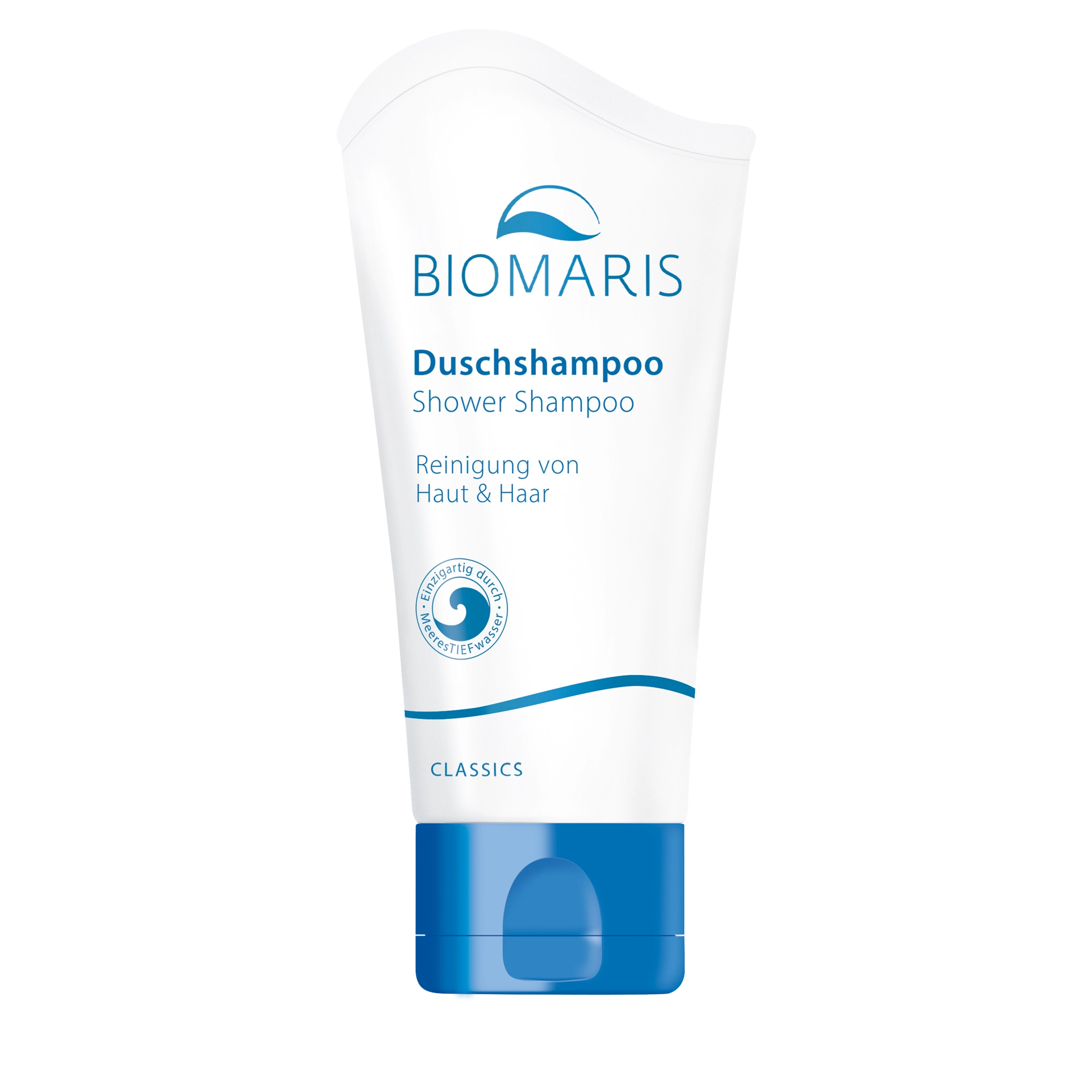 Duschshampoo pocket in weißer Tube mit blauem Klappdeckel