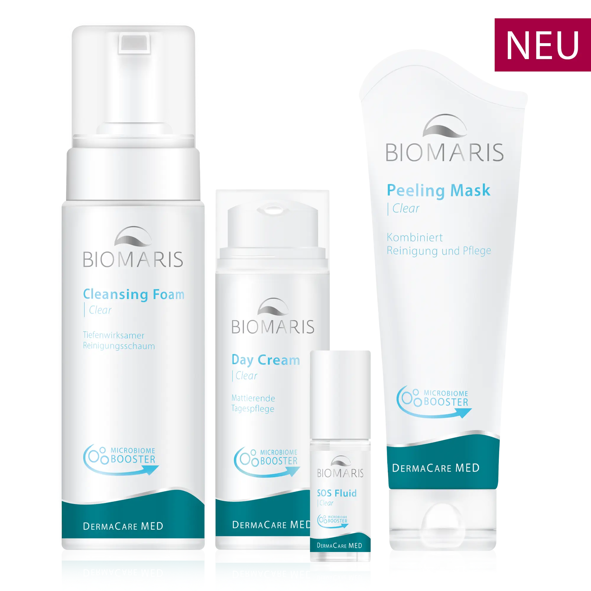 Vier BIOMARIS DermaCare MED Clear Produkte für unreine Haut: Cleansing Foam, Day Cream, SOS Fluid und Peeling Mask.