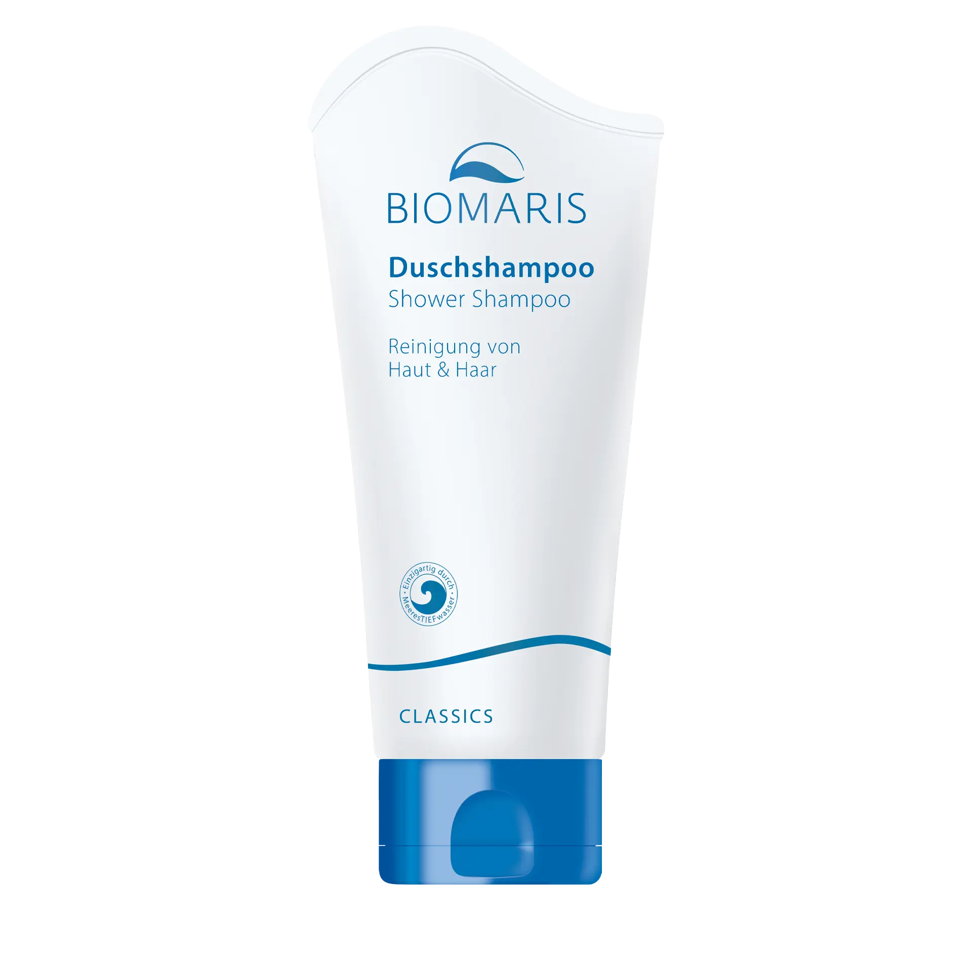 Duschshampoo in weißer Tube mit blauem Klappdeckel
