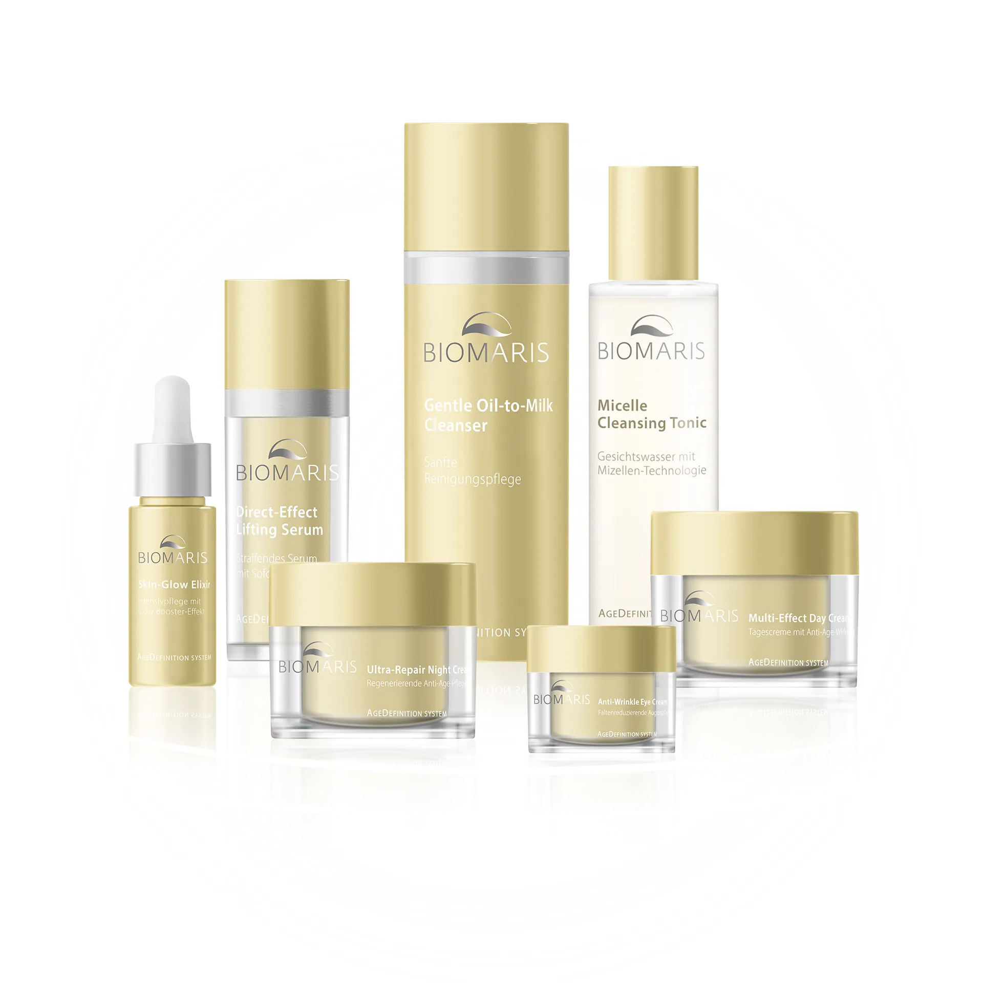 Gruppenbild aller Produkte der Anti-Aging-Pflegelinie AgeDefinition System von BIOMARIS.