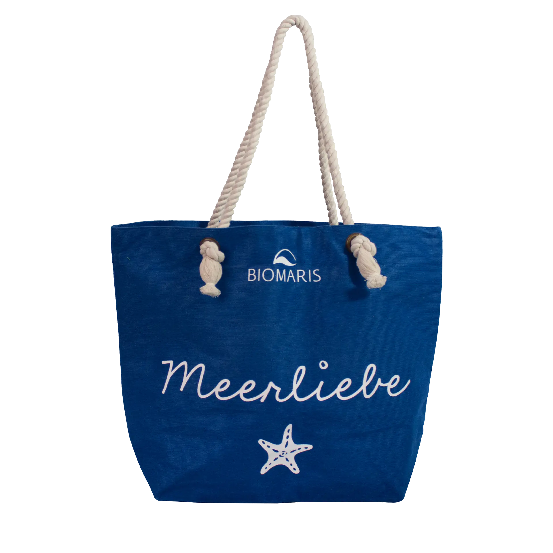 Maritime blaue Stofftasche mit Seestern-Print und Aufschrift „Meerliebe“ sowie 2 Robuste Seil-Tragegriffe