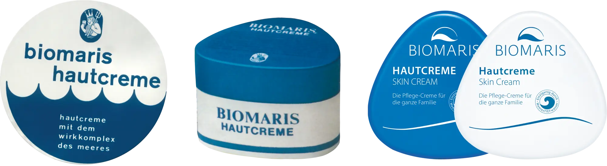 Entwicklung der Verpackung der Biomaris Hautcreme von runder Dose bis zur heutiger Dreiecksdose.
