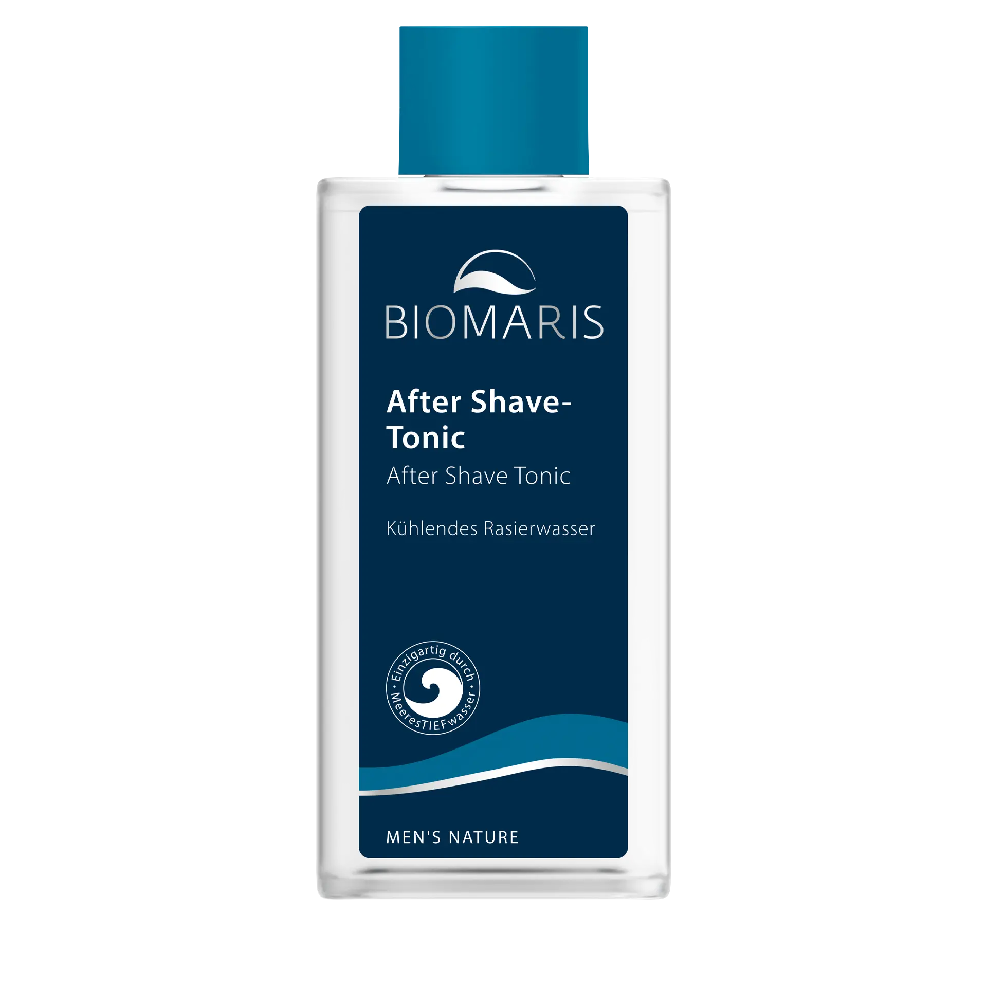 After Shave Tonic für Männer in rechteckiger Flasche mit blauem Etikett