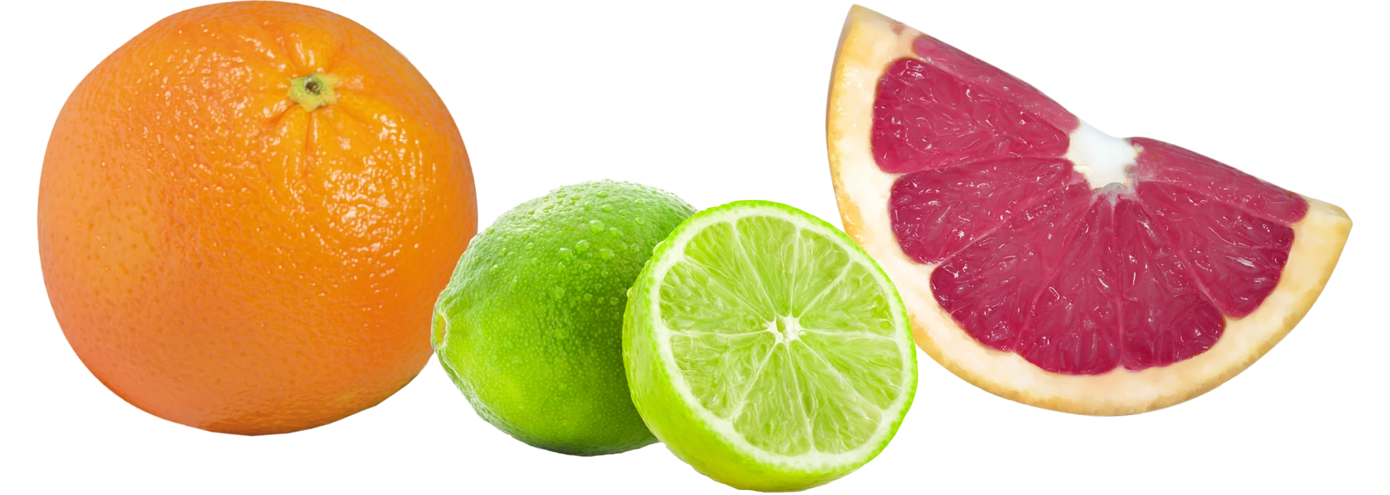 Ganze Orange und Limette, halbe Limette und ein Stück Grapefruit – Symbolbilder für natürliche Aromen
