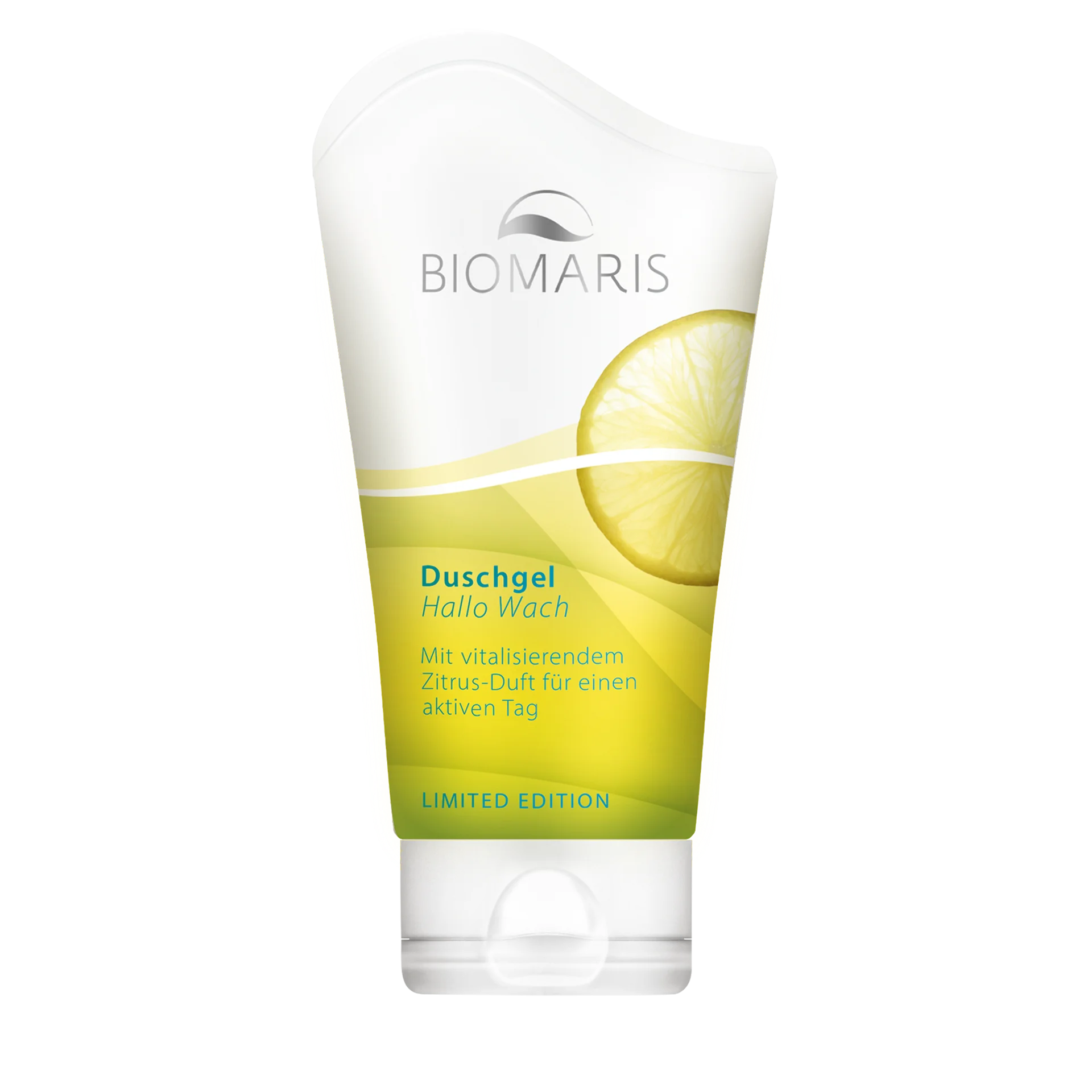 Duschgel „Hallo Wach“ mit Zitrusduft in gelb-weißer Tube mit Klappdeckel 