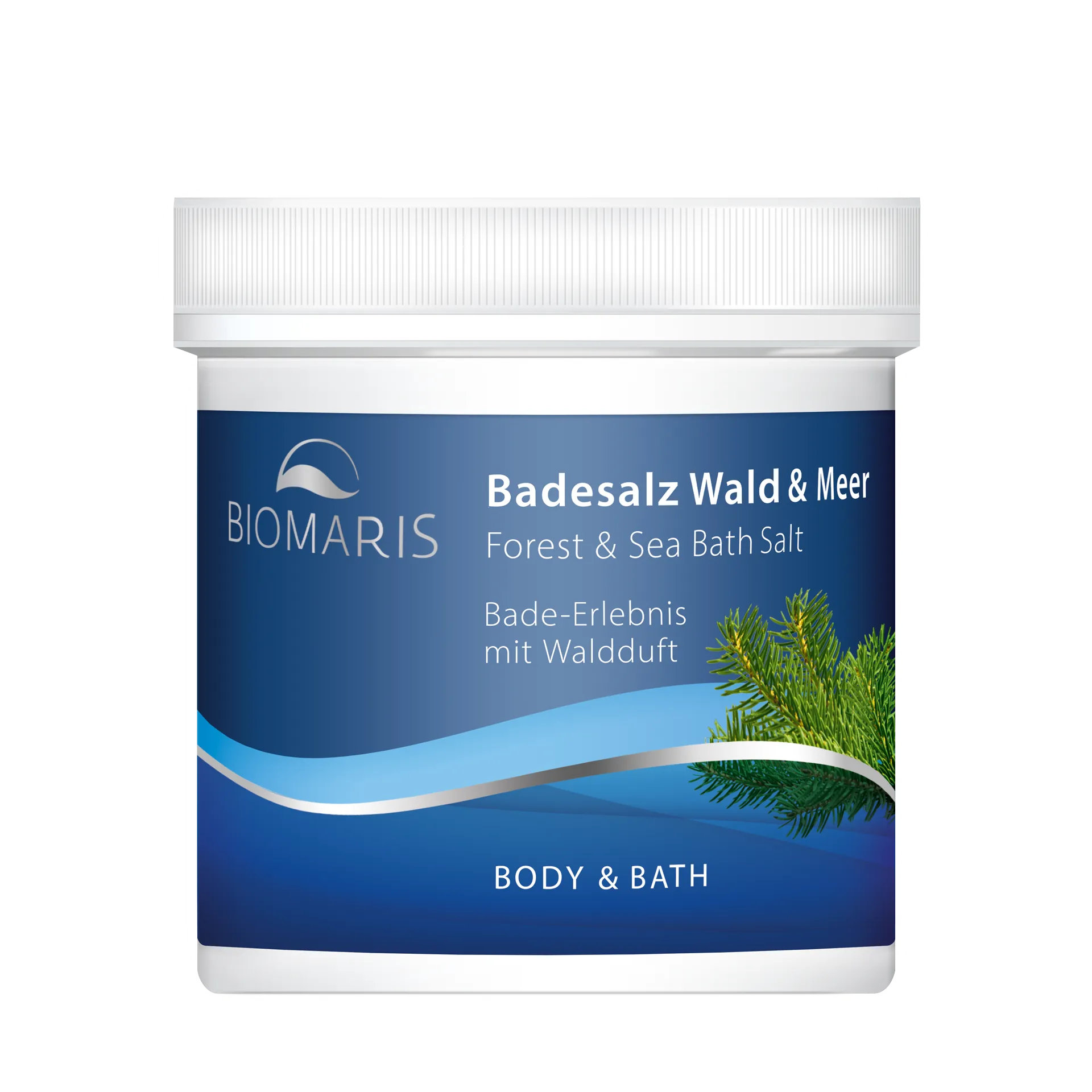 Badesalz Wald & Meer in runder Dose mit blauem Etikett mit Tannenzweig-Motiv 