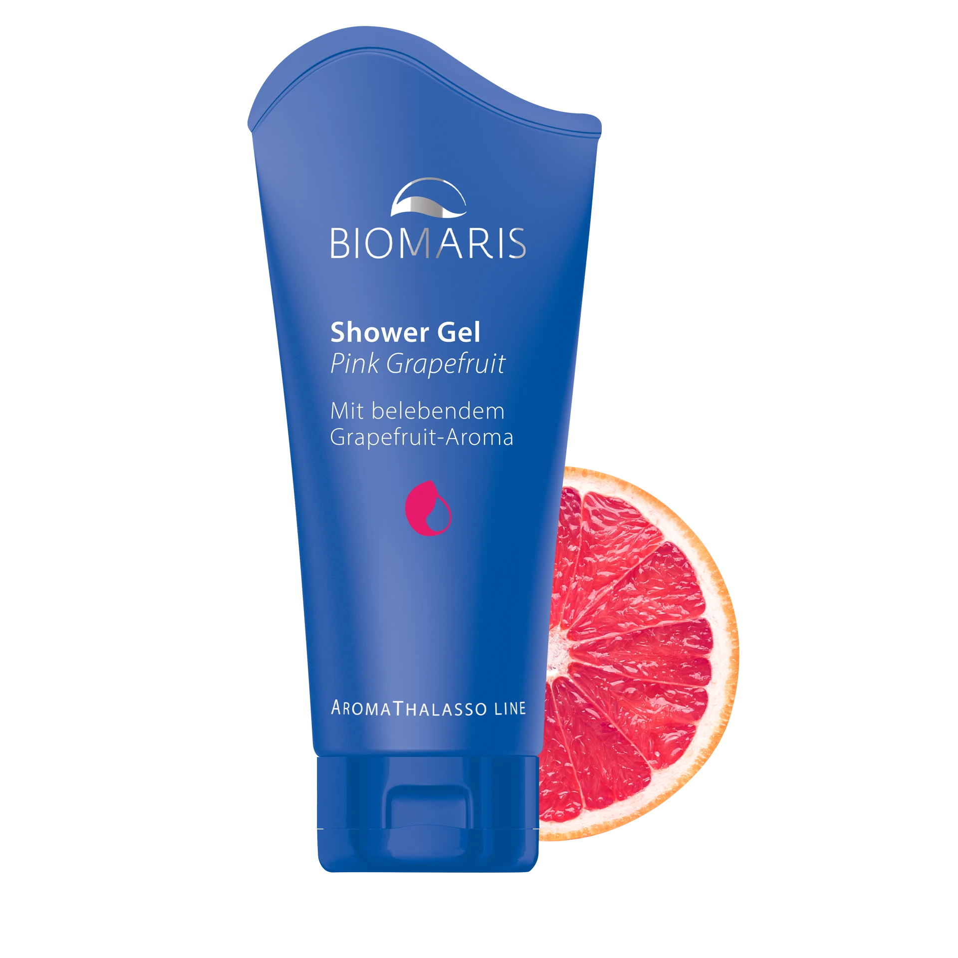 Shower Gel Pink Grapefruit in blauer Tube mit Klappdeckel, vor halbierter Grapefruit
