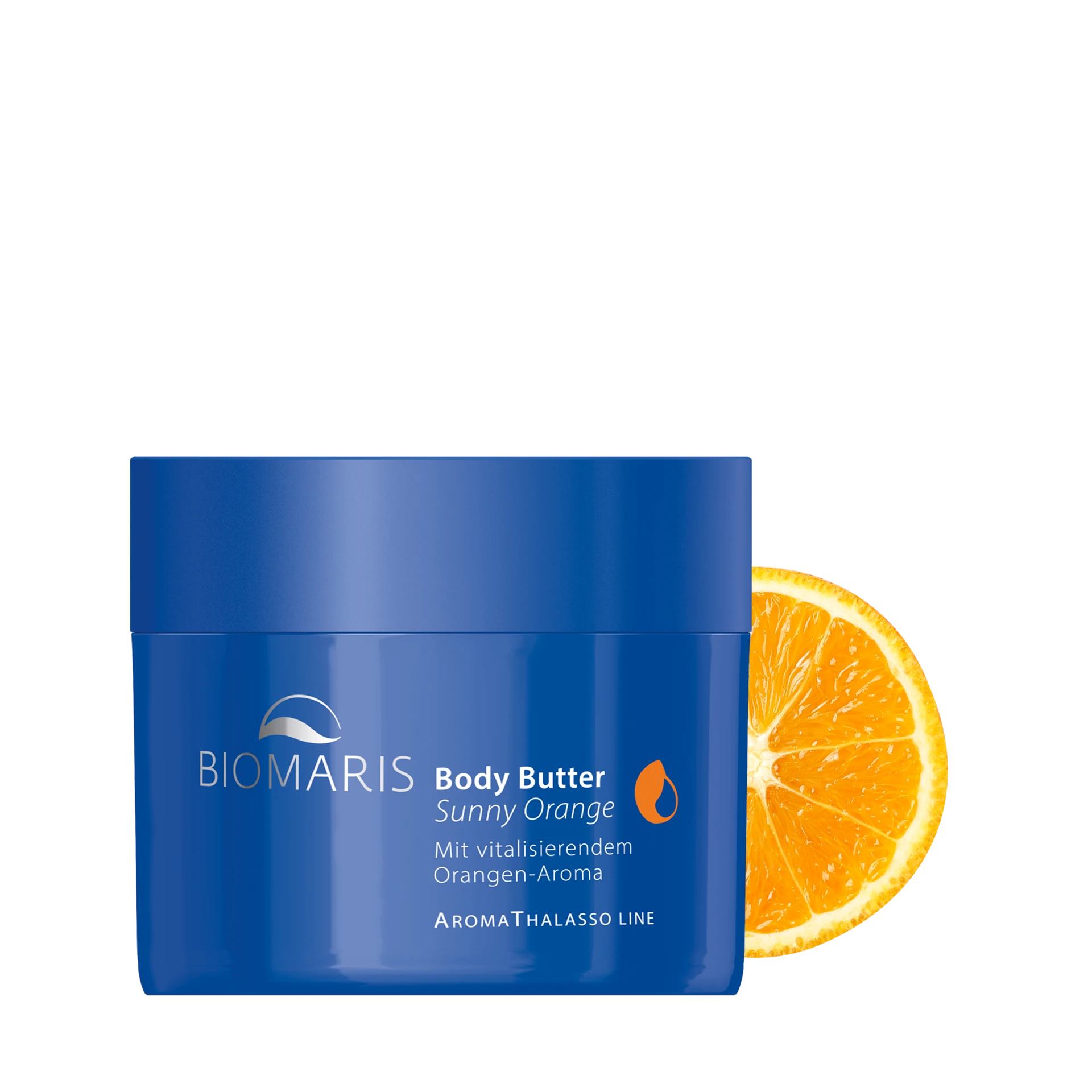 Body Butter Sunny Orange in blauem Tiegel mit Schraubverschluss, vor halbierter Orange