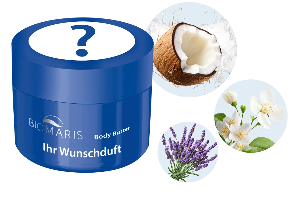 Gewinnspielmotiv: BIOMARIS-Bodybutter „Ihr Wunschduft“ mit Illustrationen von Kokosnuss, Lavendel und Blüten.