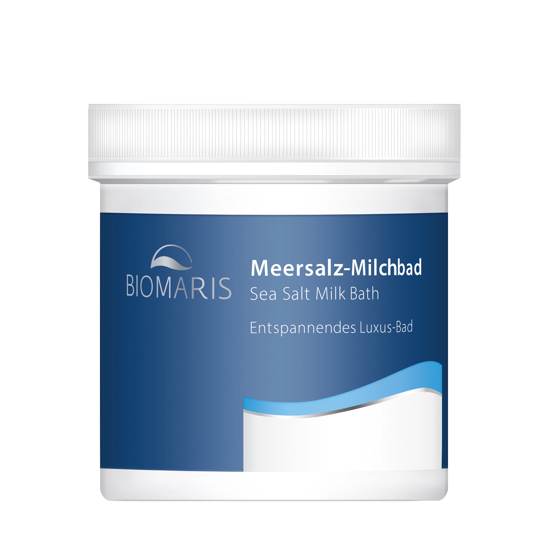 Meersalz-Milchbad in runder Dose mit blauem Etikett und weißem Schraubdeckel